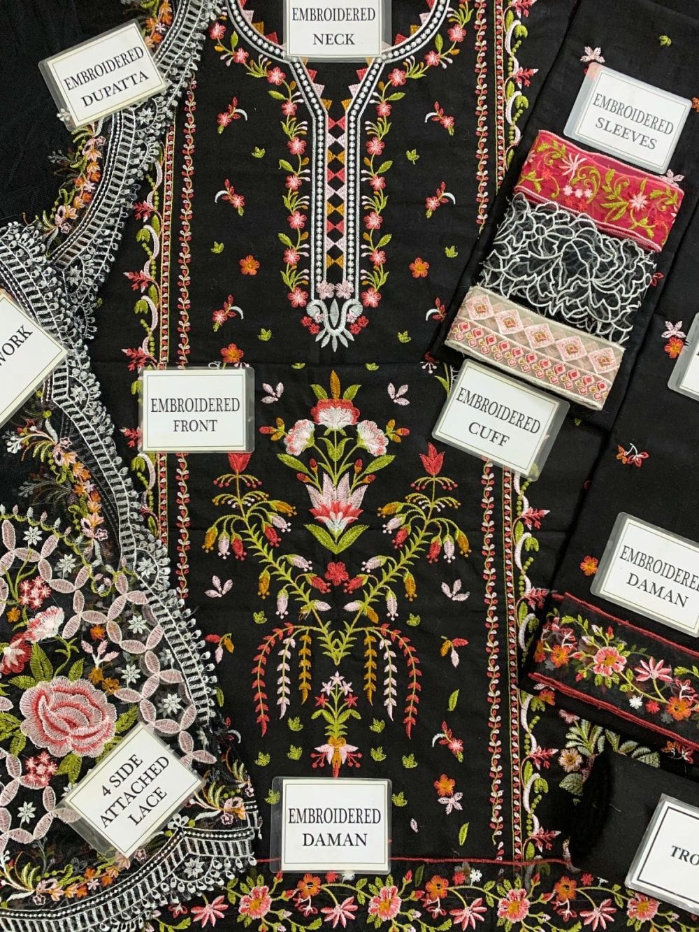 Qalamkar Unstitched Black Embroidered 3 Piece Cotton Suit - Image 4